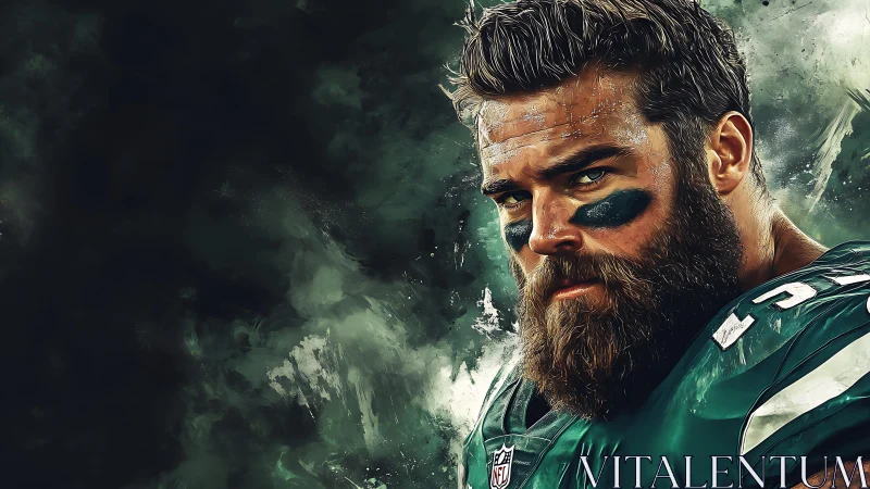 Digital portrait of bearded American football player in uniform.