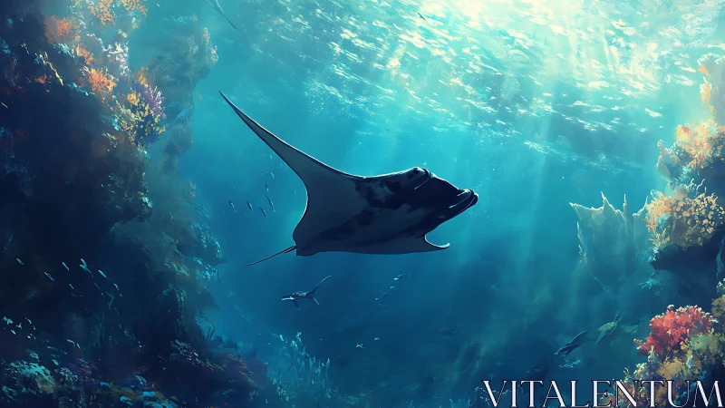 Manta glides like a silent kite through cathedral-blue seas