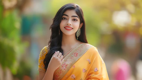 Woman in yellow saree with floral patterns outdoors portrait.
