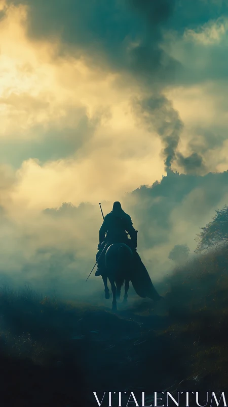 Solitary cloaked rider approaching distant smoking citadel at dawn