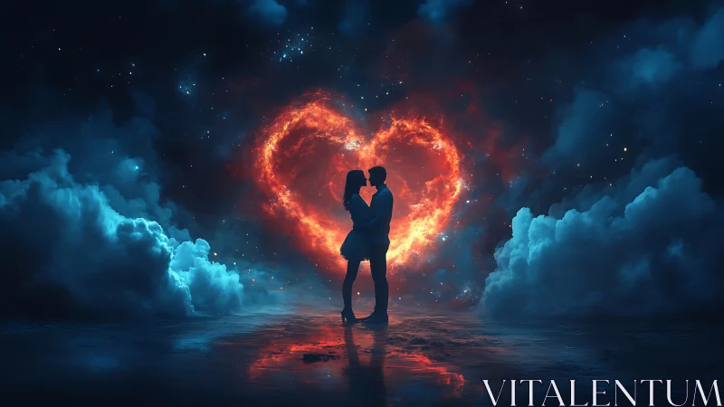 Silhouette couple kiss against glowing heart-shaped fire formation