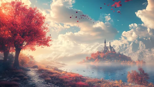 Fantasy lakeside castle under autumnal crimson canopy.