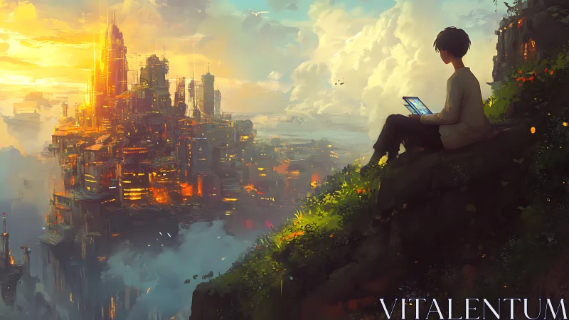 Solitary dreamer overlooks a glowing futuristic sky city at dusk