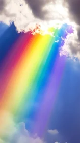Brilliant rainbow beams pour from soft clouds into open sky