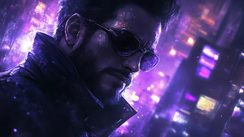 Neon-saturated cybernetic drifter in luminous purple haze.