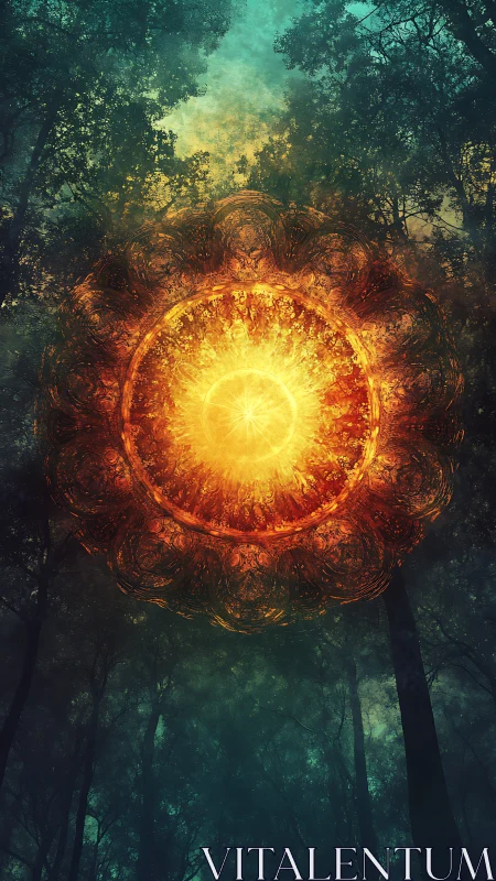 Solar mandala portal radiates above dense twilight forest.