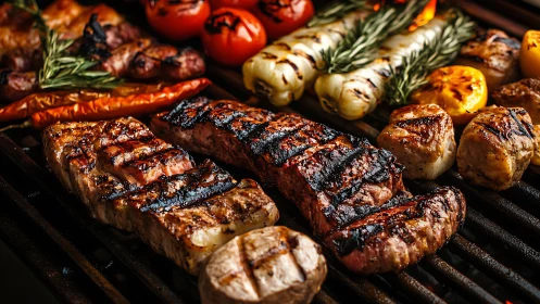 Smoky grill marks dance across steak, flame-kissed vegetables