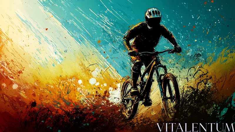 Mountain Biker in Dynamic Motion With Vibrant Color Splashes.