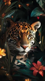 Jaguar portrait framed by luminous tropical florals at dusk.