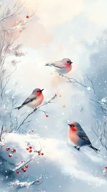 Three small birds perch on snowy branches during snowfall