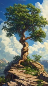 Helical-trunk oak on rocky summit under cumulus sky