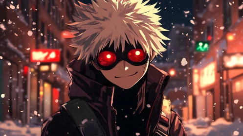Red-eyed winter street vigilante in neon snowfall portrait.