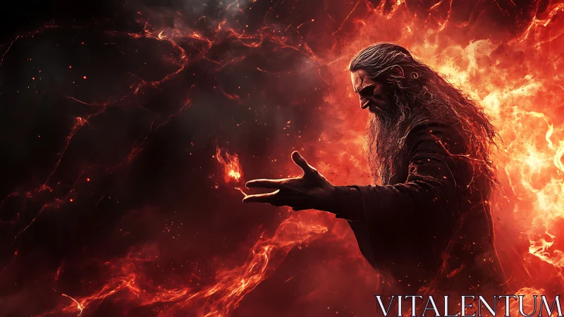 Fire sorcerer controlling flames in a dark inferno scene.