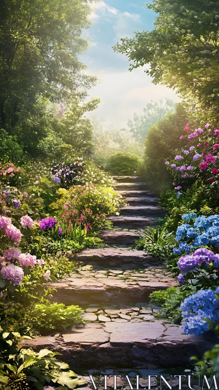 Sunlit garden stairway quietly climbs into a painted sky