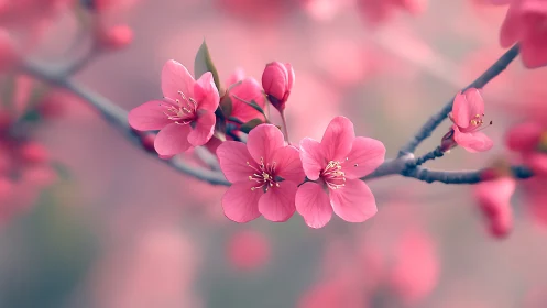 Pink Blossoms on Dark Branch with Soft Bokeh Background