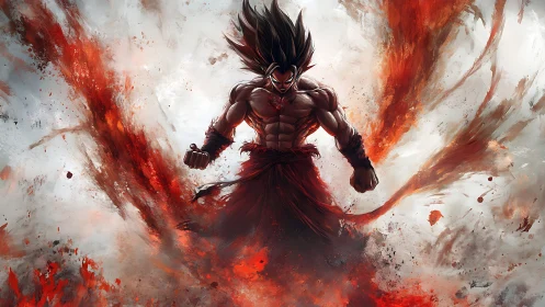 Fiery warrior rising in a storm of untamed power.