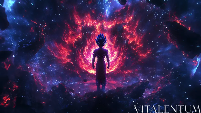 Cosmic warrior facing a blazing galactic rupture of power.