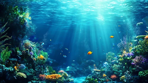 Sunlit coral kingdom where tropical fish paint liquid skies.