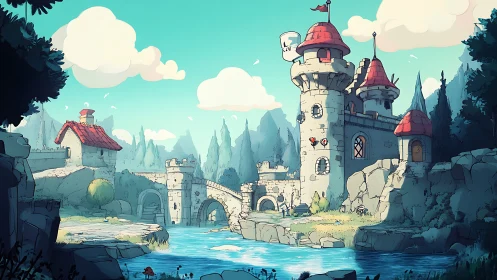 Sunlit storybook castle beside a wandering forest river.