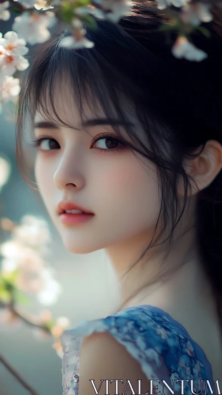 Soft-focus anime girl portrait among spring blossoms.