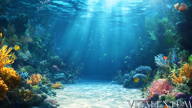 Sunlit tropical coral reef with diverse marine organisms.