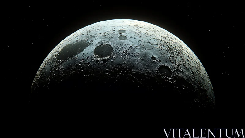 Lunar surface arcs through shadow with razor crater detail.