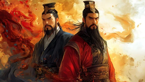 Twin warrior lords stand in swirling firelit battlefield haze