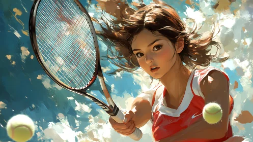 Tennis prodigy storms the court in windswept color burst.