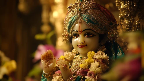 Gentle deity statue glows in warm golden temple light