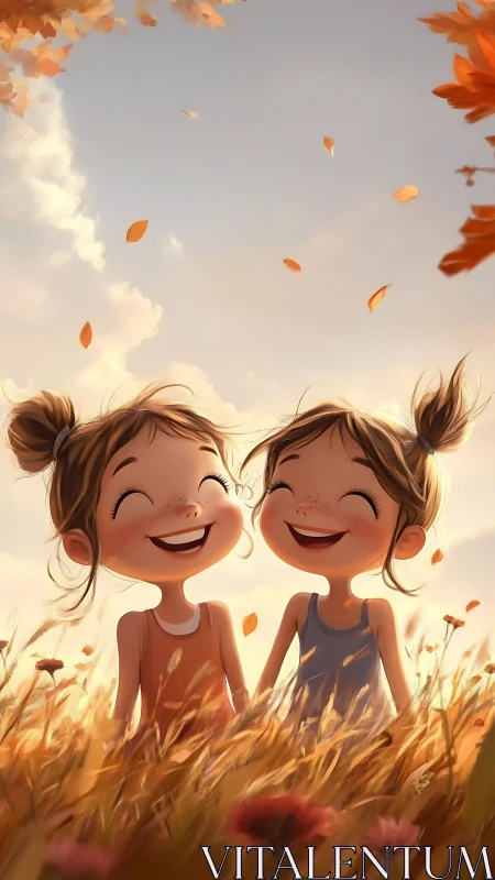 Smiling sisters in golden autumn meadow at sunset.