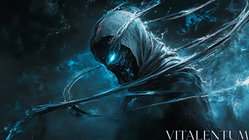 Mysterious hooded wraith wrapped in swirling blue starlight.