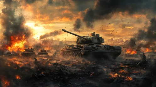 Armored tank advances through fiery post apocalyptic battlefield