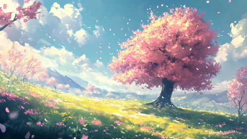 Blossom crowned meadow hums quietly beneath drifting petals