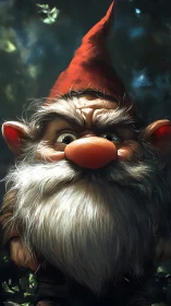 Whimsical forest gnome with bright red hat and kind gaze.