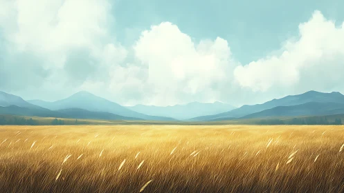 Golden grassland panorama with atmospheric mountain backdrop.