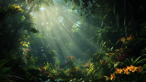 Tropical Rainforest Canopy with Crepuscular Illumination.
