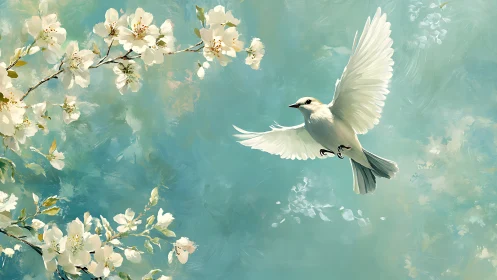 Avian kinematics amid painterly blossom gradients in flight.