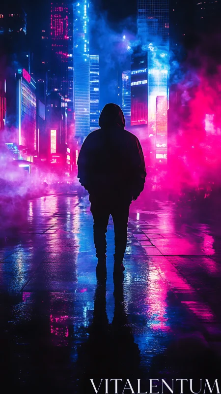 Neon soaked night welcomes a lone figure into glowing streets