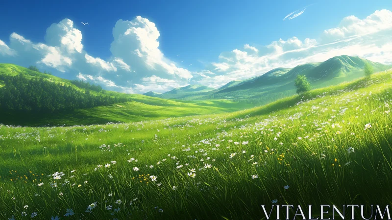 Sunlit alpine meadow with wildflowers and rolling peaks.