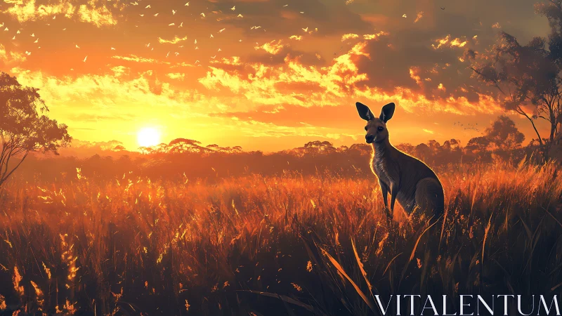 Golden kangaroo gazes across a glowing outback sunset.
