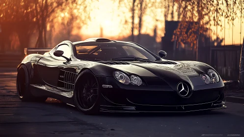 Sleek black supercar basking in soft golden sunset light.