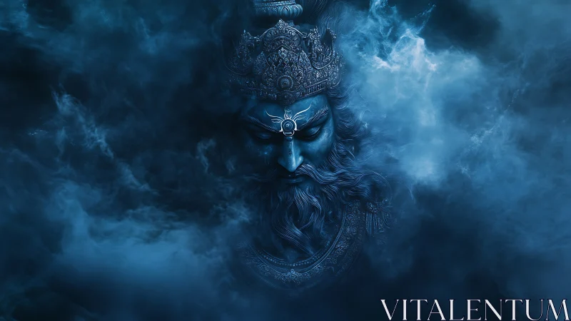 Digital blue-toned regal figure emerges within dense vapor