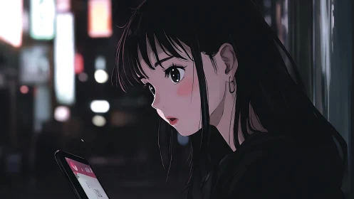 Midnight messages hush the neon city around her gaze