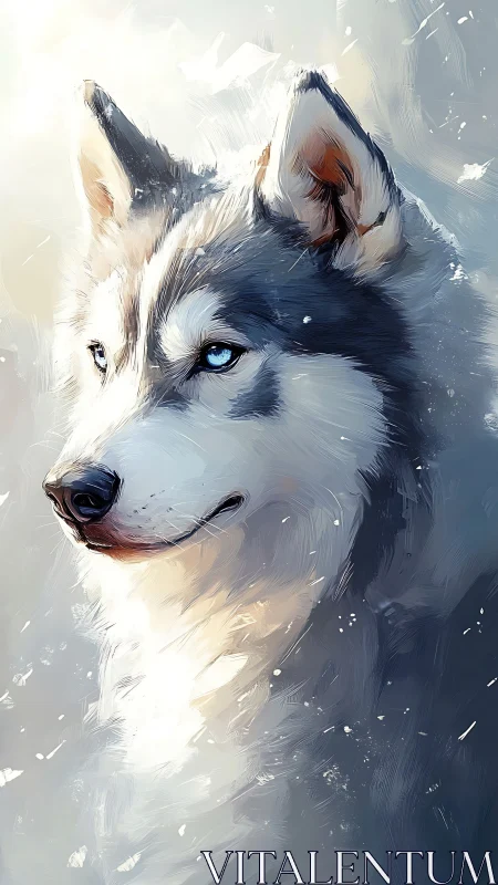 Digital painting profile of a husky in luminous winter light.