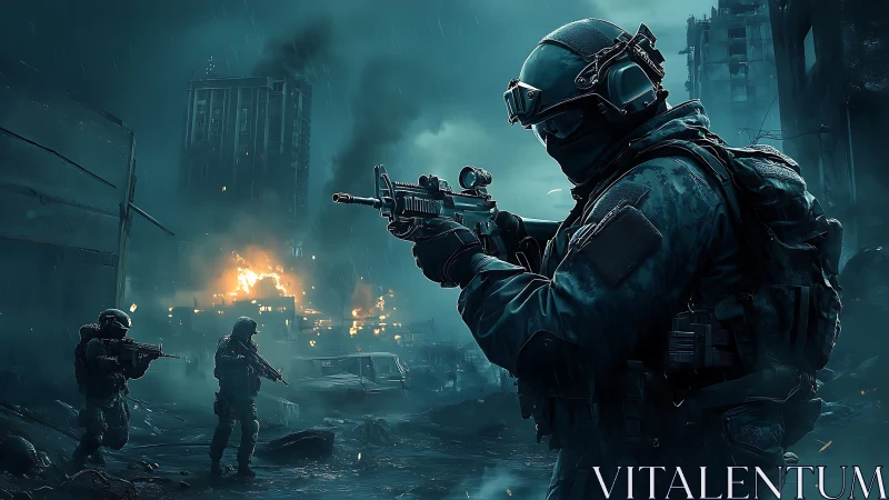 Tactical soldier advances through burning urban warzone at night