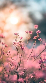 Pink wildflowers bathed in golden sunlight and soft haze