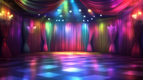Empty ballroom glows under vibrant stage lighting and drapery