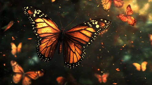 Golden monarch butterfly drifts gently through glowing forest air