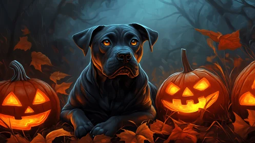 Black dog illuminated by jack-o’-lanterns in foggy forest scene