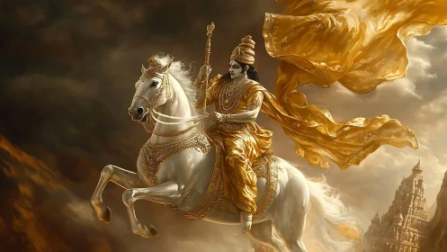 Golden warrior astride storm-lit steed above temple spires.